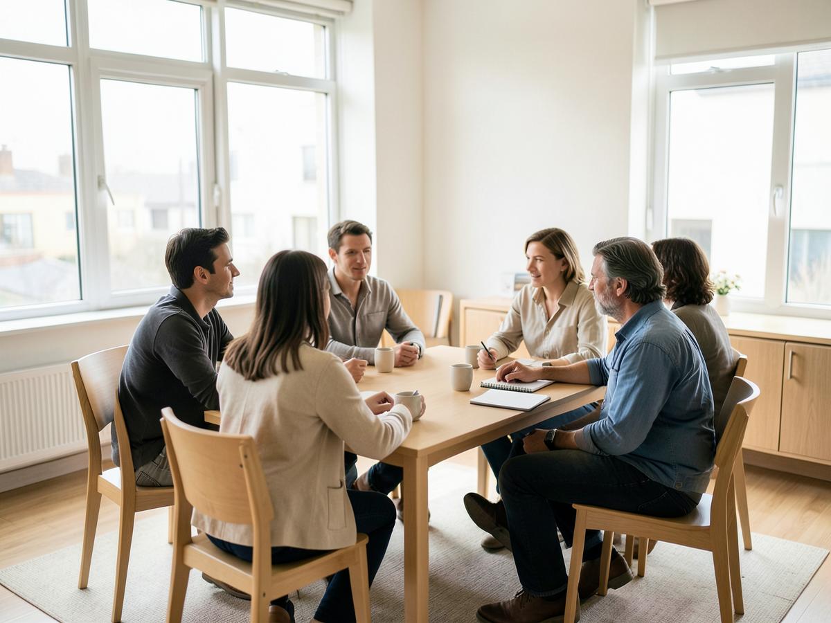 Petite table de réunion en bois clair avec plusieurs personnes en discussion, cadrée large