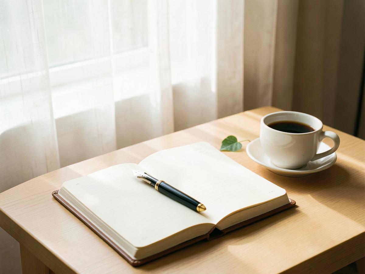 Carnet ouvert avec un stylo et une tasse de café près d'une fenêtre lumineuse