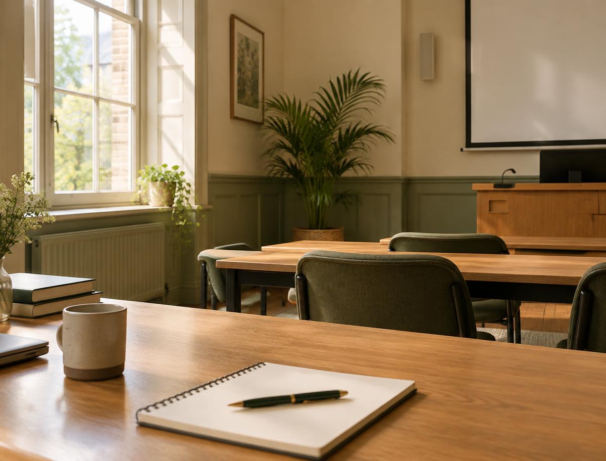 Salle de formation lumineuse avec tables en bois, chaises vert sauge et plante, en lumière naturelle