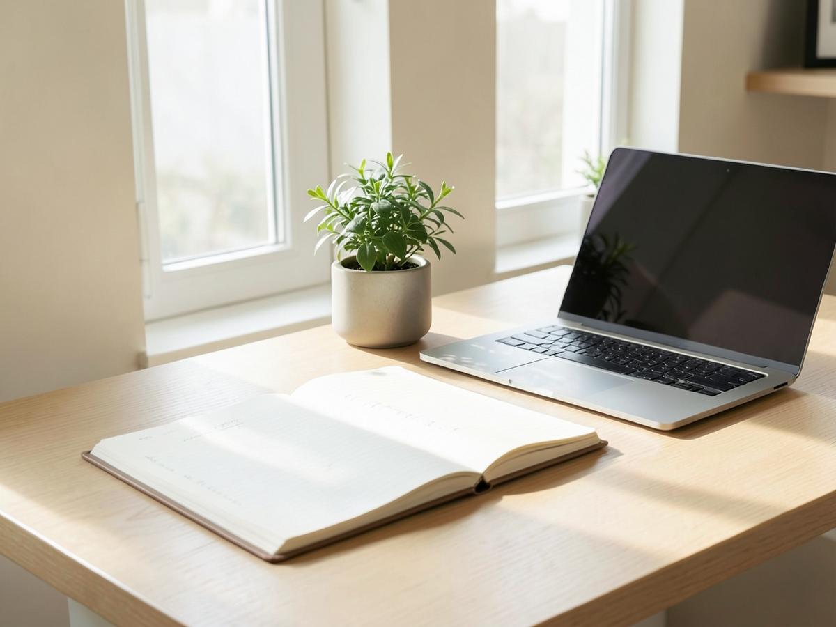 Bureau calme avec carnet, ordinateur portable et plante, en lumière naturelle